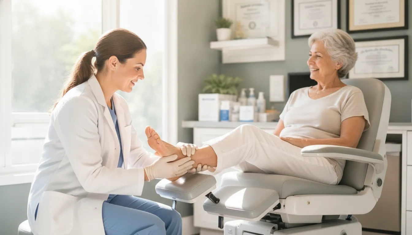 Podiatrist examining a patient's ankle in a bright clinic exam room