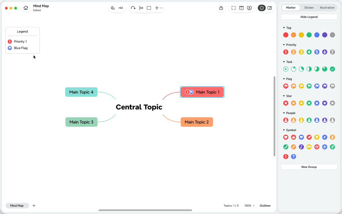 A screenshot of a marker legend in Xmind, showing the marker name being edited directly in the legend.