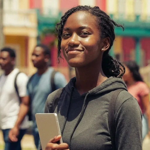 Étudiante de l'ICEA Martinique portant une tablette et regardant vers l'avenir, illustrant la réflexion et les valeurs spirituelles au cœur du projet éducatif de l'école.