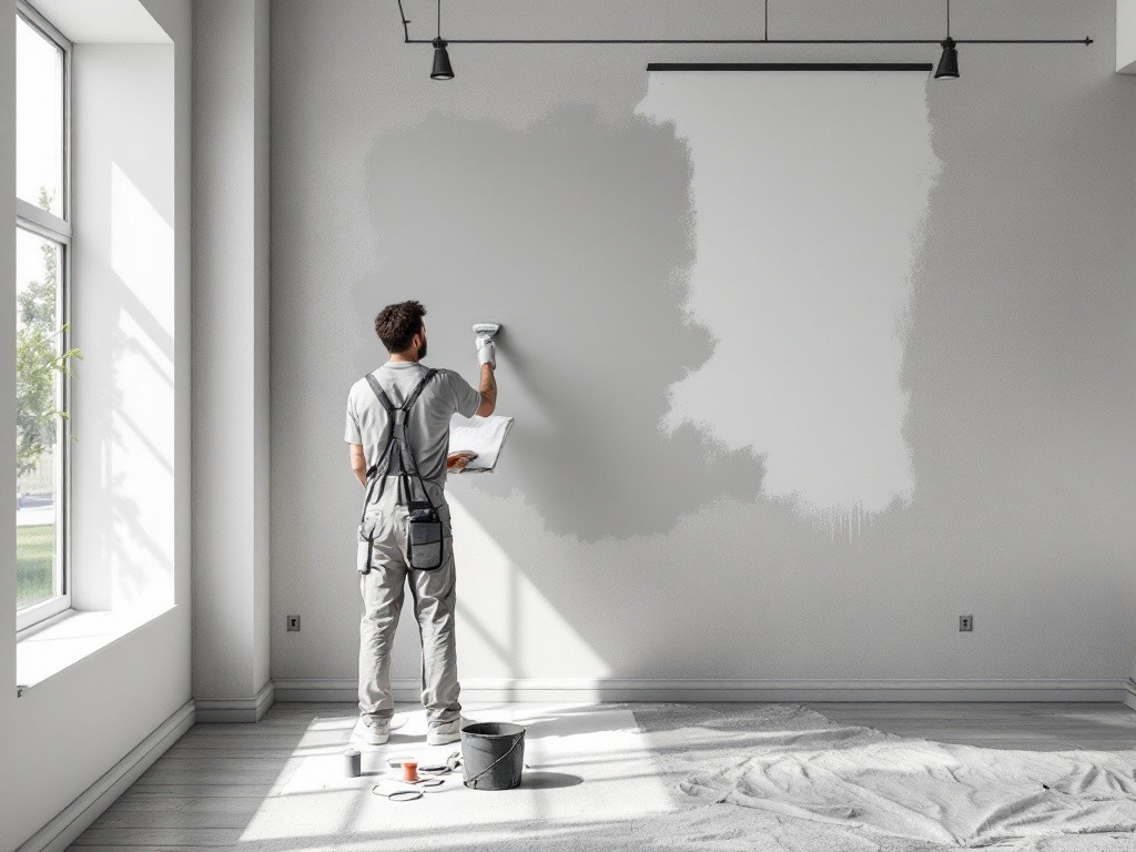 A painter is painting a wall in a room.