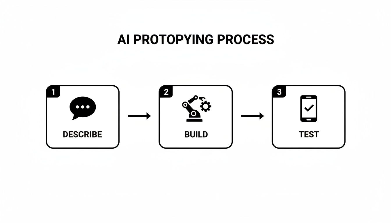 Diagram illustrating the 3-step AI prototyping process, showing 'Describe', 'Build', and 'Test' phases.