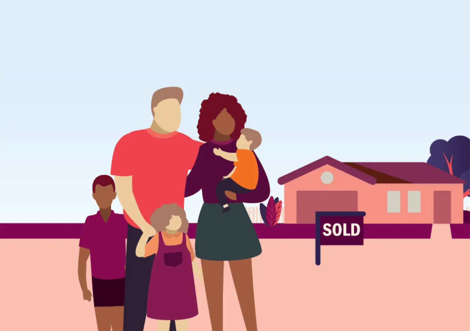 Illustration of family standing in front of house with sold sign