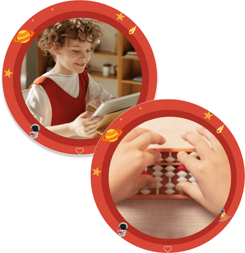 Boy on learning math with soroban / japanese abacus and electronic tablet