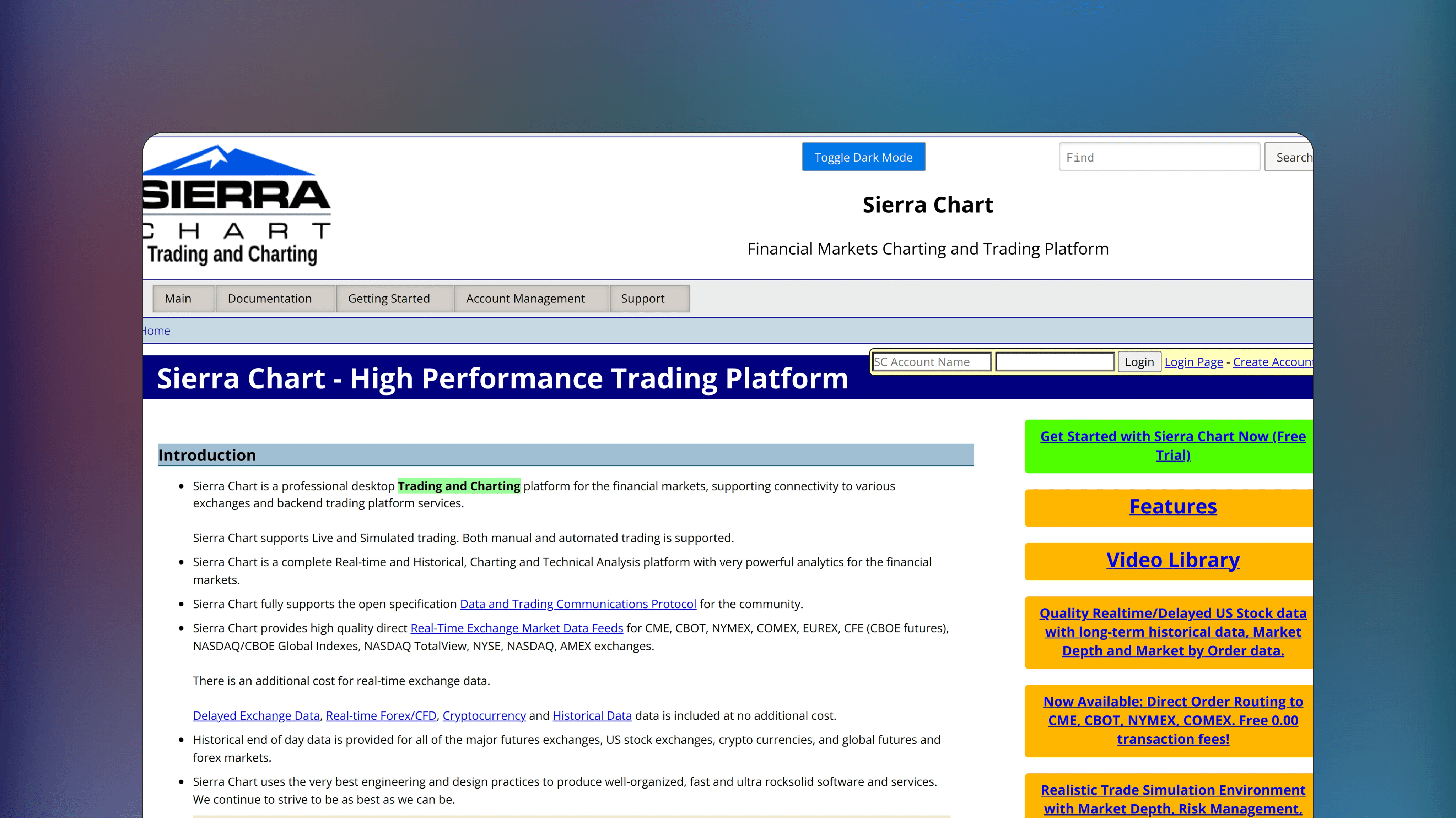 Website preview of Sierra Charts, technical analysis orderflow platform showing charts with order flow tools and volume profiles.