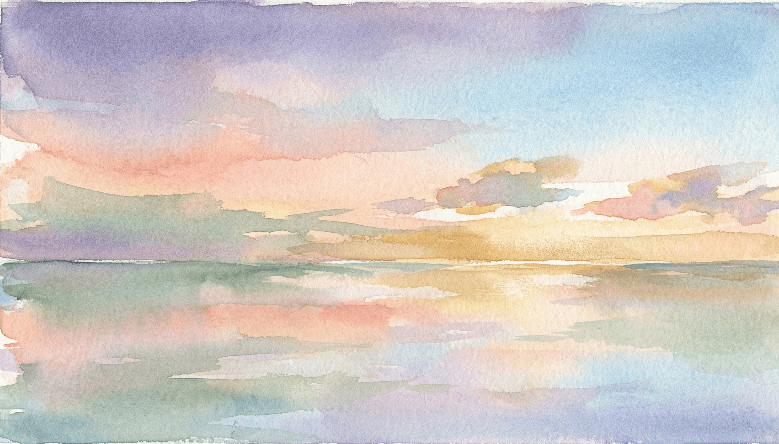 Watercolor first light of dawn breaking over a mirror-still ocean