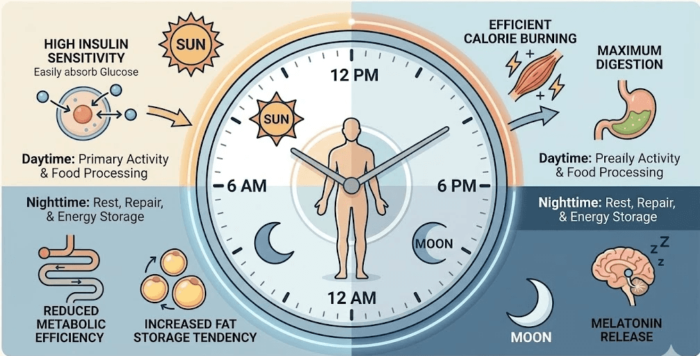 A scientific infographic illustrating the human 24-hour circadian rhythm. A central circular clock with a human silhouette, sun, and moon icons shows time markers. Panels detail daytime metabolism like high insulin sensitivity and efficient calorie burning, and nighttime changes like reduced metabolic efficiency, increased fat storage tendency, and melatonin release. Title: 'The Circadian Clock & Your Metabolism: A 24-Hour Guide'. A minimal flat design in blue and orange tones.