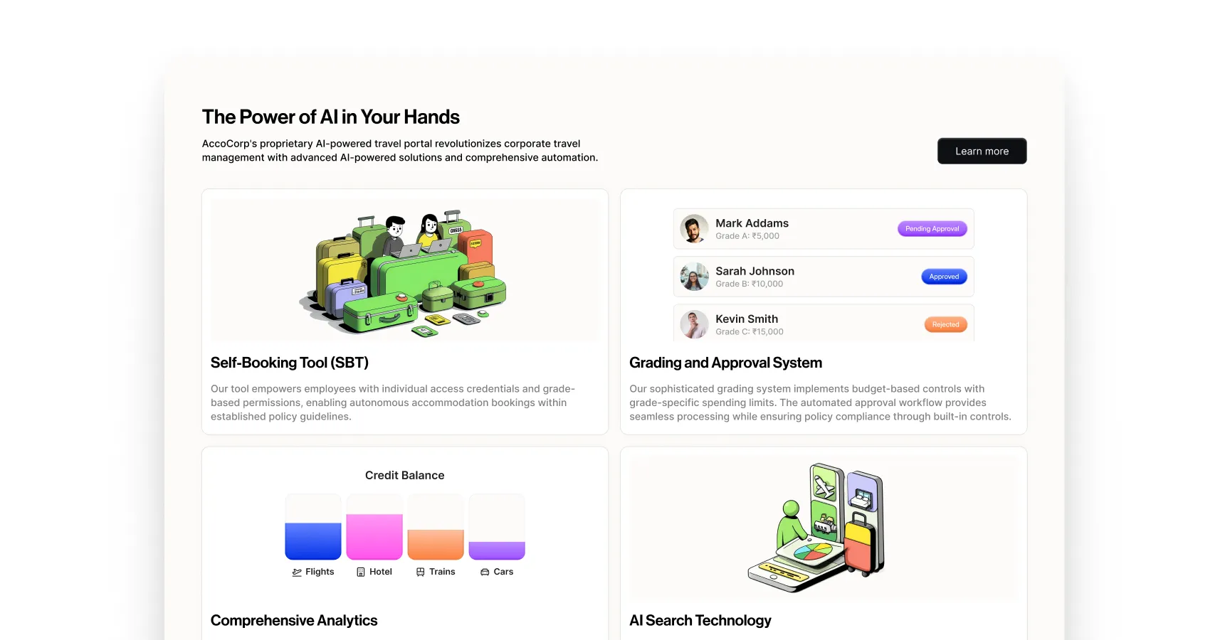 A business traveler with a suitcase gazes out a large airport window as a plane takes off, symbolizing seamless corporate travel and easy bookings, with an adjacent web interface highlighting travel services and contact options.