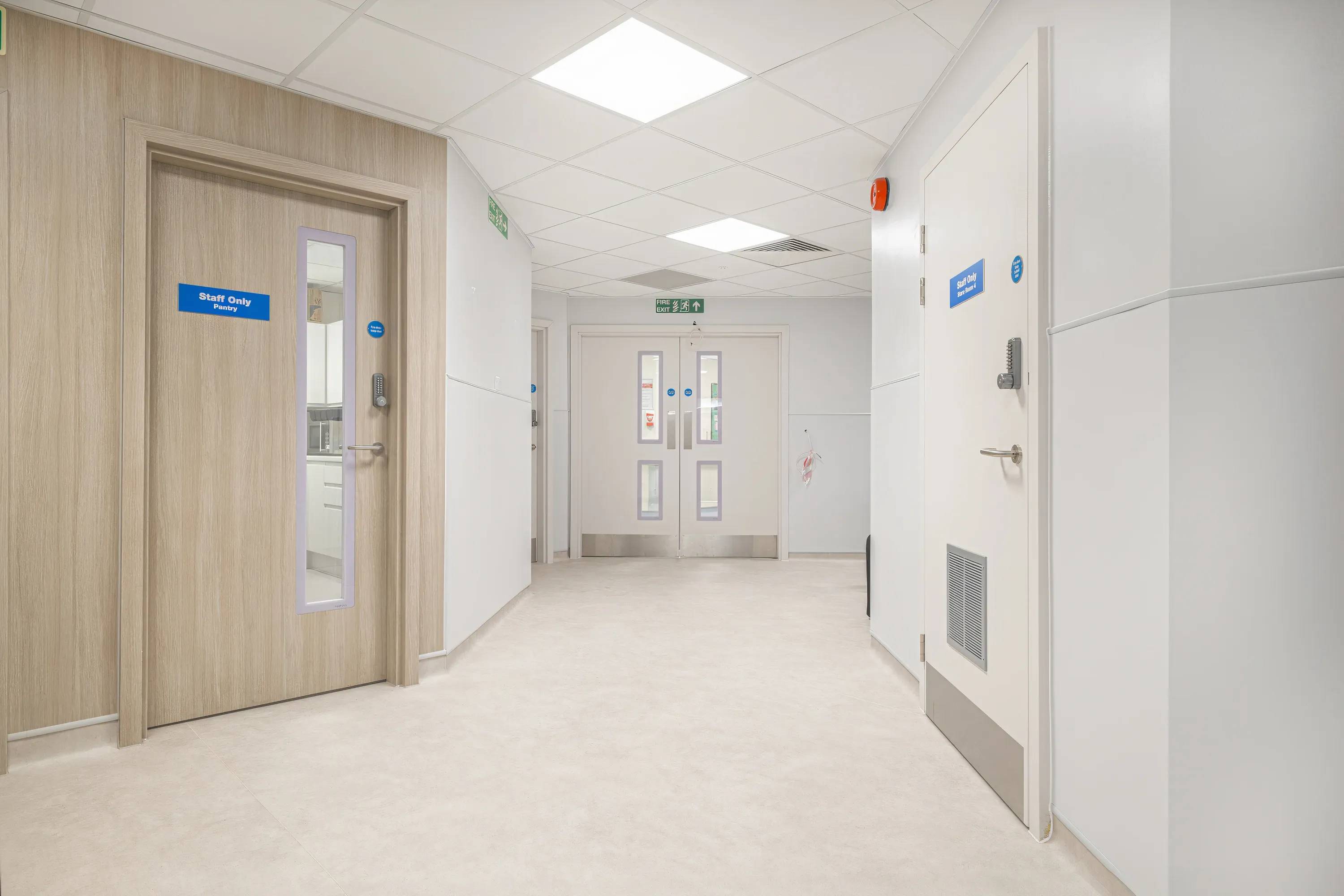A hospital using Hygidoors with a woodgrain finish