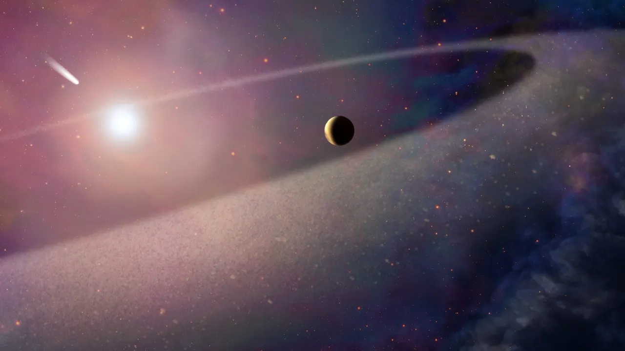 A distant planet with a glowing ring system is illuminated by a bright White Dwarf star in a colourful nebula, while a comet streaks across the starry galaxy background, creating a serene cosmic scene.