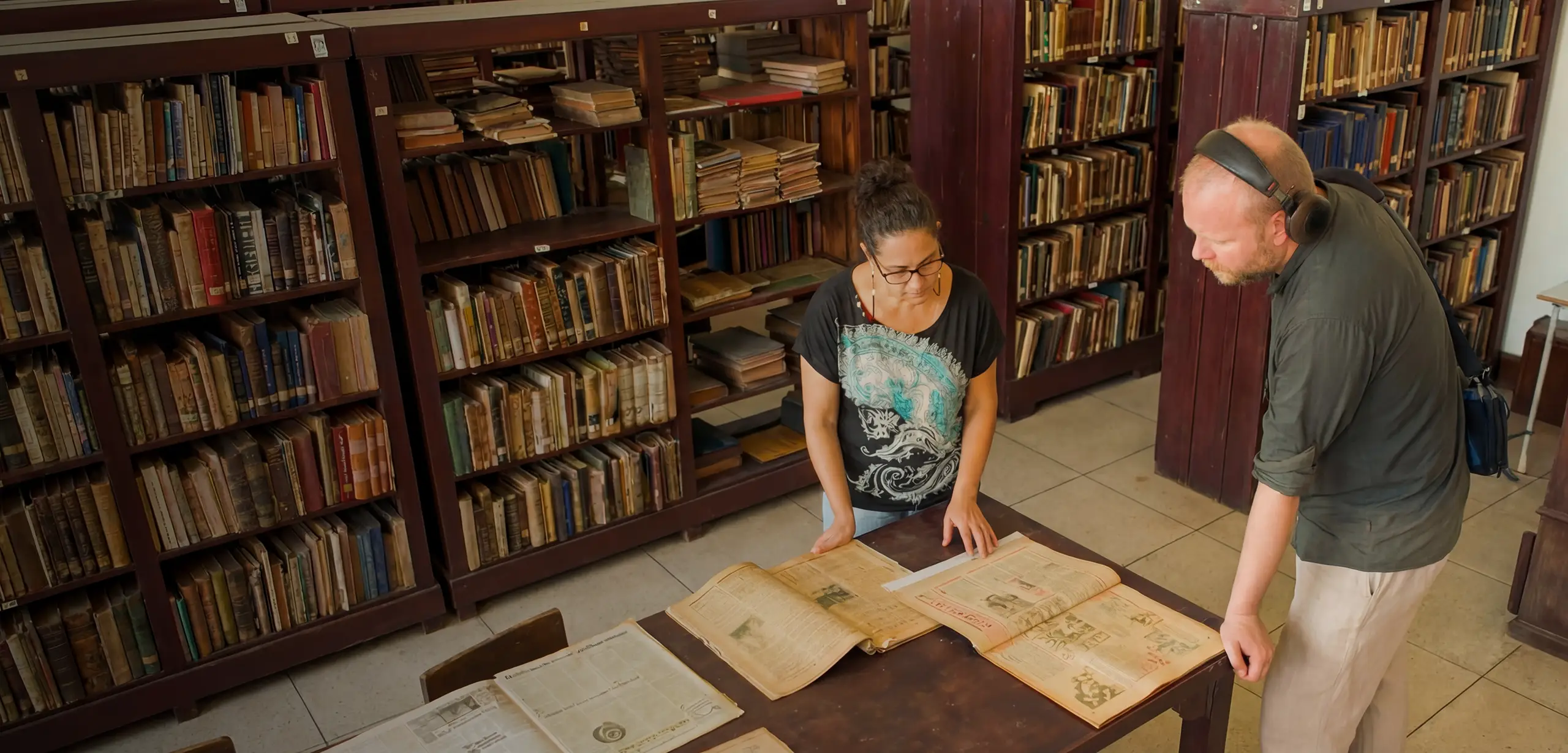 Tim inspecting documents with librarian in Matanzas, Cuba.