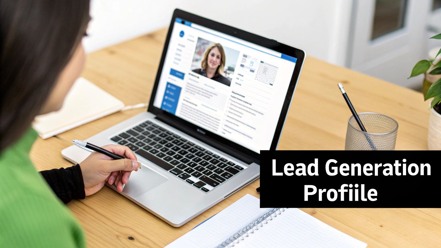 A person reviewing a lead generation profile on a laptop, taking notes on a wooden desk.