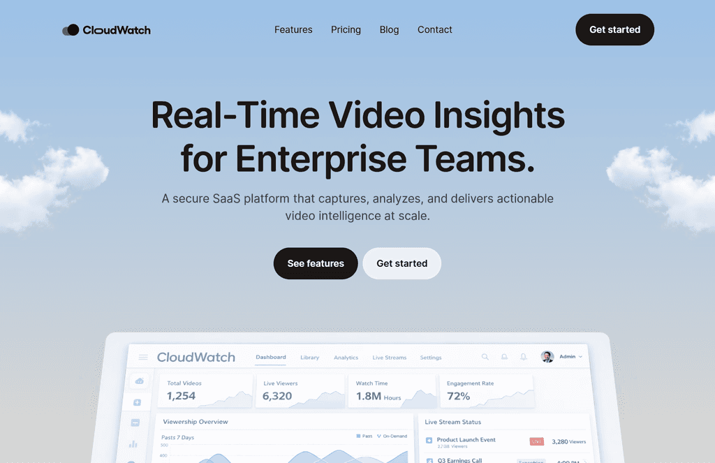 Homepage design showing a light blue sky with clouds and a dashboard interface.