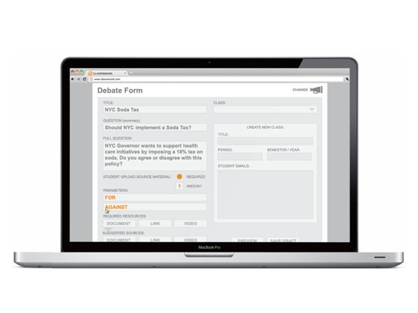 A silver MacBook Pro laptop is open, displaying a webpage titled “Debate Form.” The form includes fields for title, class, period, and student emails, with “FOR” and “AGAINST” checkboxes. The form also presents a question about NYC implementing a soda tax and asks whether the user agrees or disagrees. A “CHANGE” button and a speaker icon are visible near the top right.