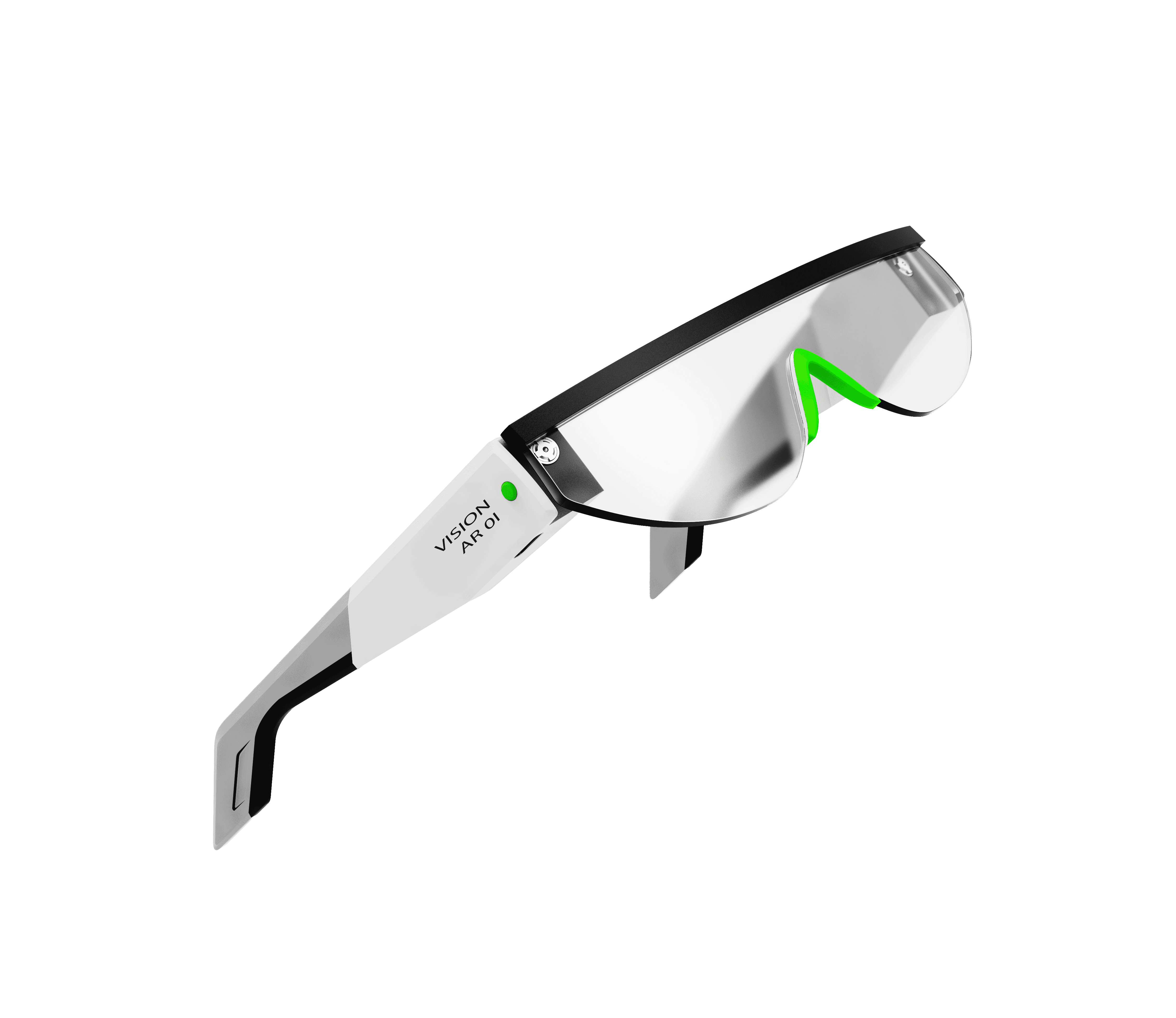 White version of the Vision 01 AR glasses in a flowing perspective on a transparent background.