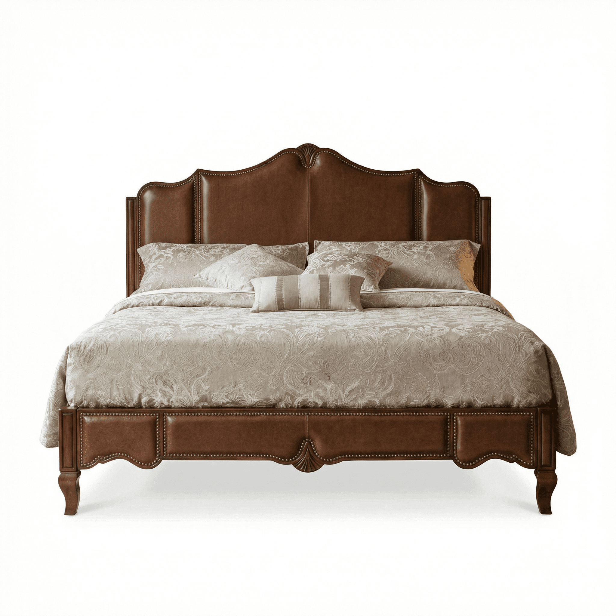 Wooden bed with arched upholstered headboard and solid base construction