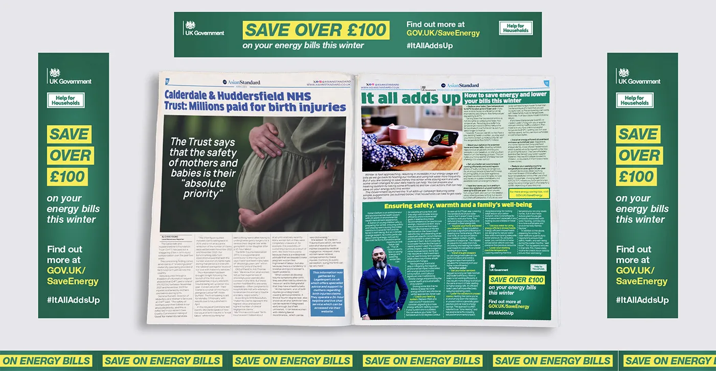 Asian Standard newspaper and UK government energy saving ads promoting winter savings for South Asian communities