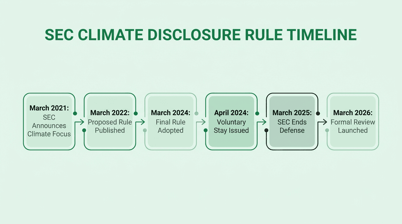 SEC climate disclosure rule timeline showing key milestones from March 2021 announcement through March 2026 formal review launch