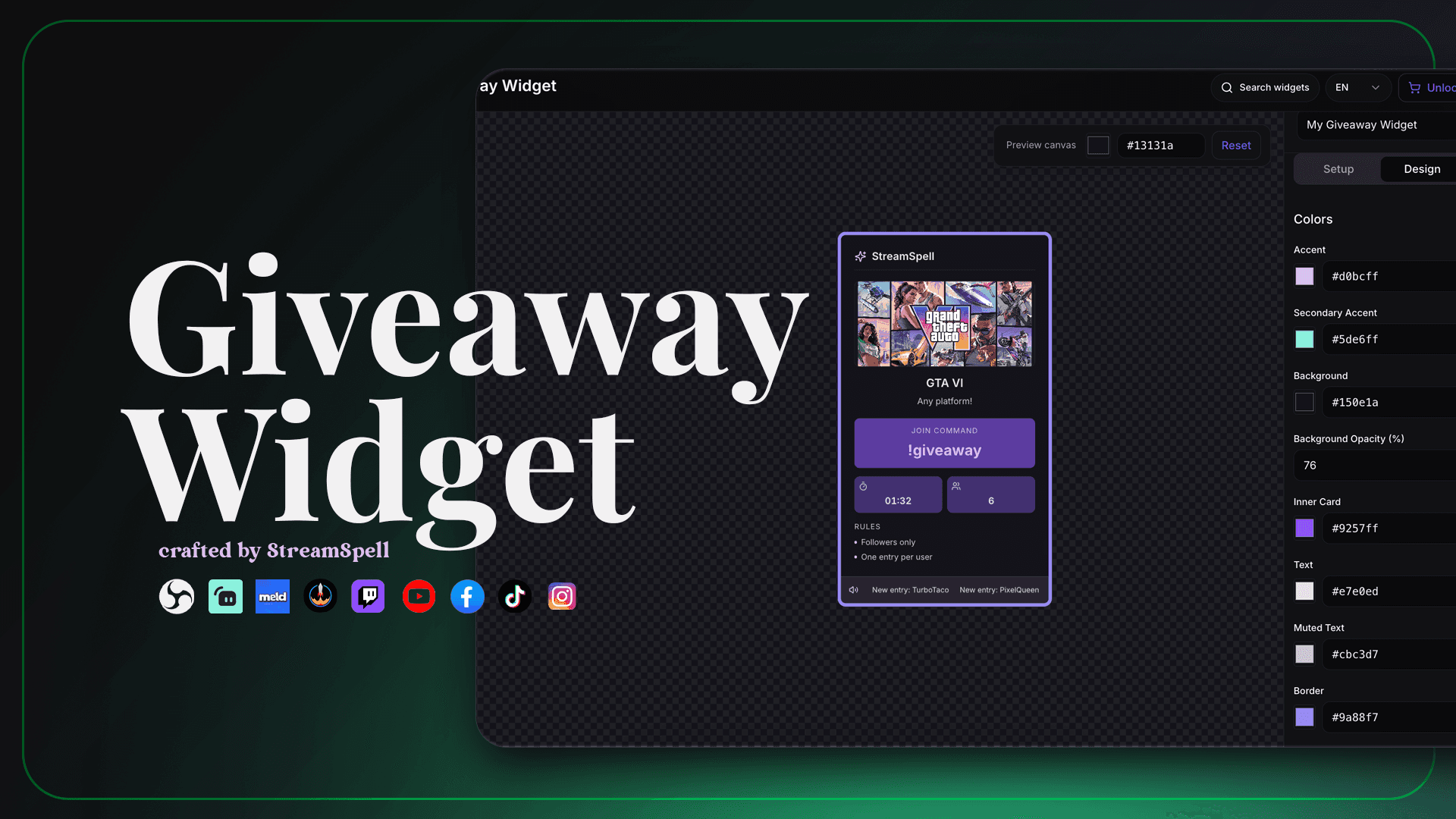 StreamSpell Giveaway Widget displaying giveaway entries, winner selection, and results on stream
