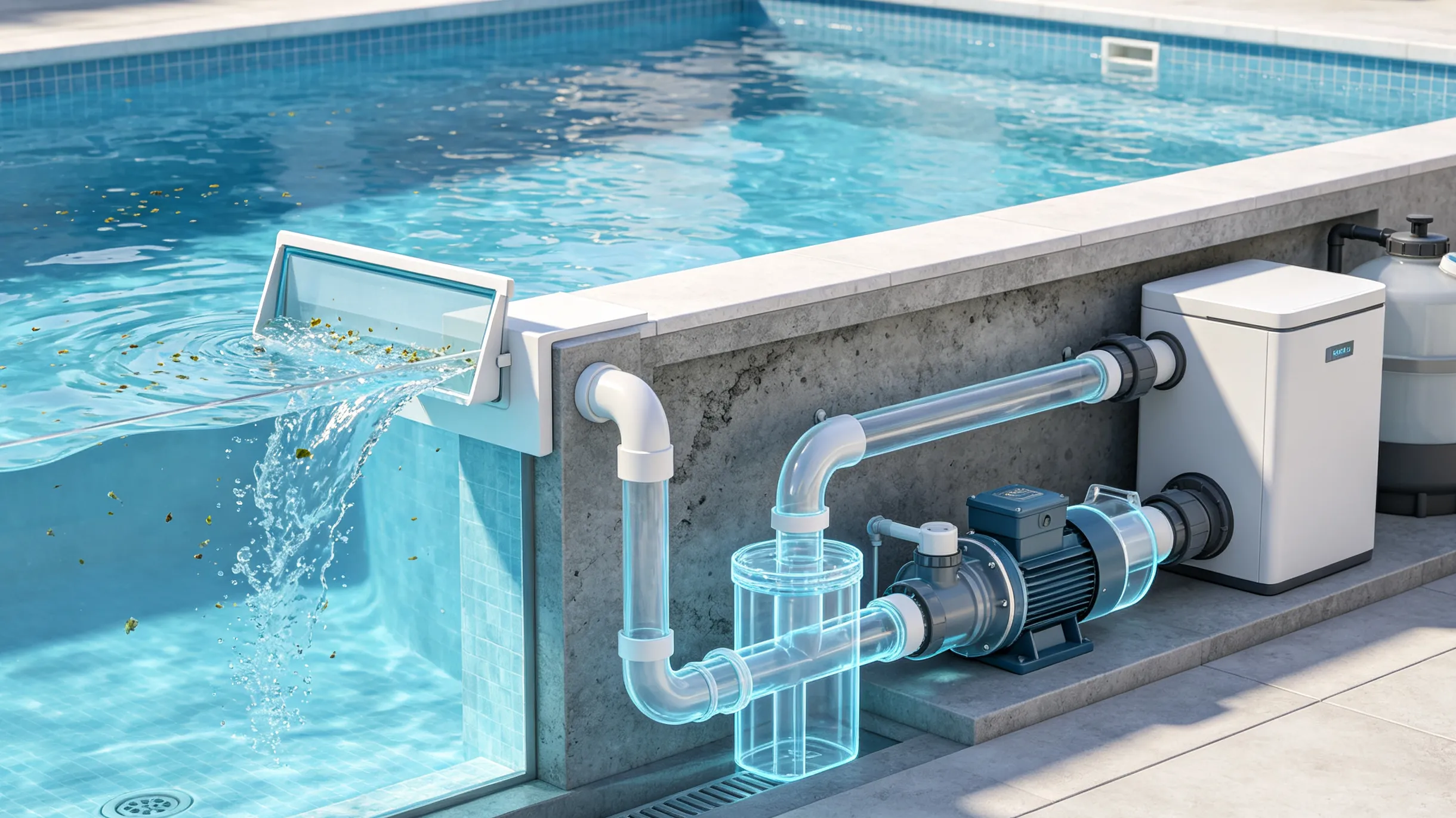 Pool skimmer, pump, and filter working together in a pool circulation system