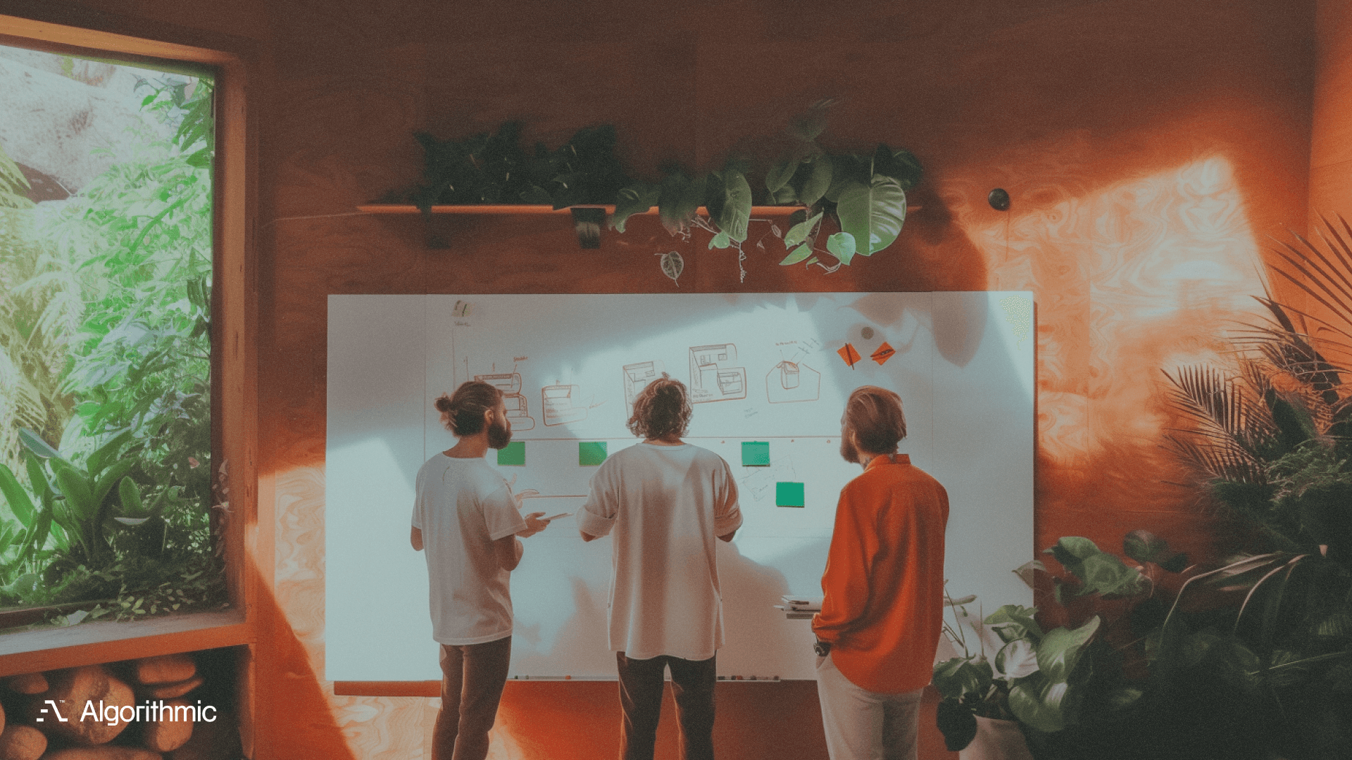 A diverse team of three professionals reviewing architectural diagrams on a large whiteboard, natural office lighting, candid documentary photography style, shallow depth of field, modern startup office environment.