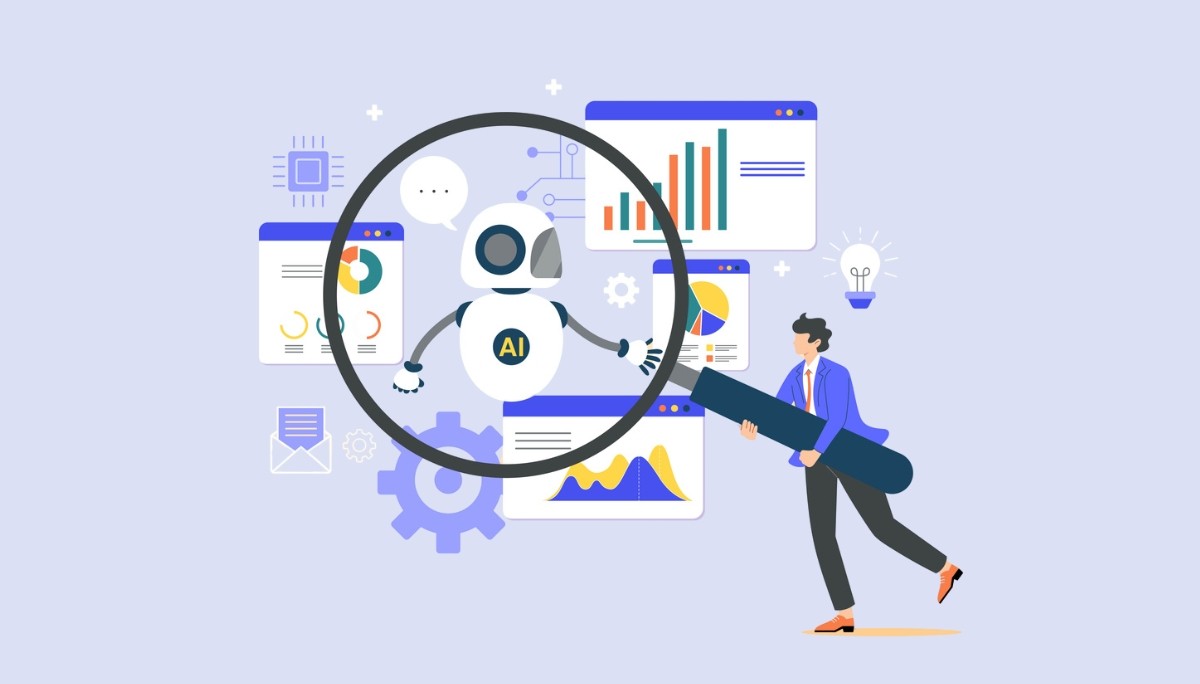 Illustration of robot labeled 'AI' under magnifying glass, surrounded by charts and data visualizations.