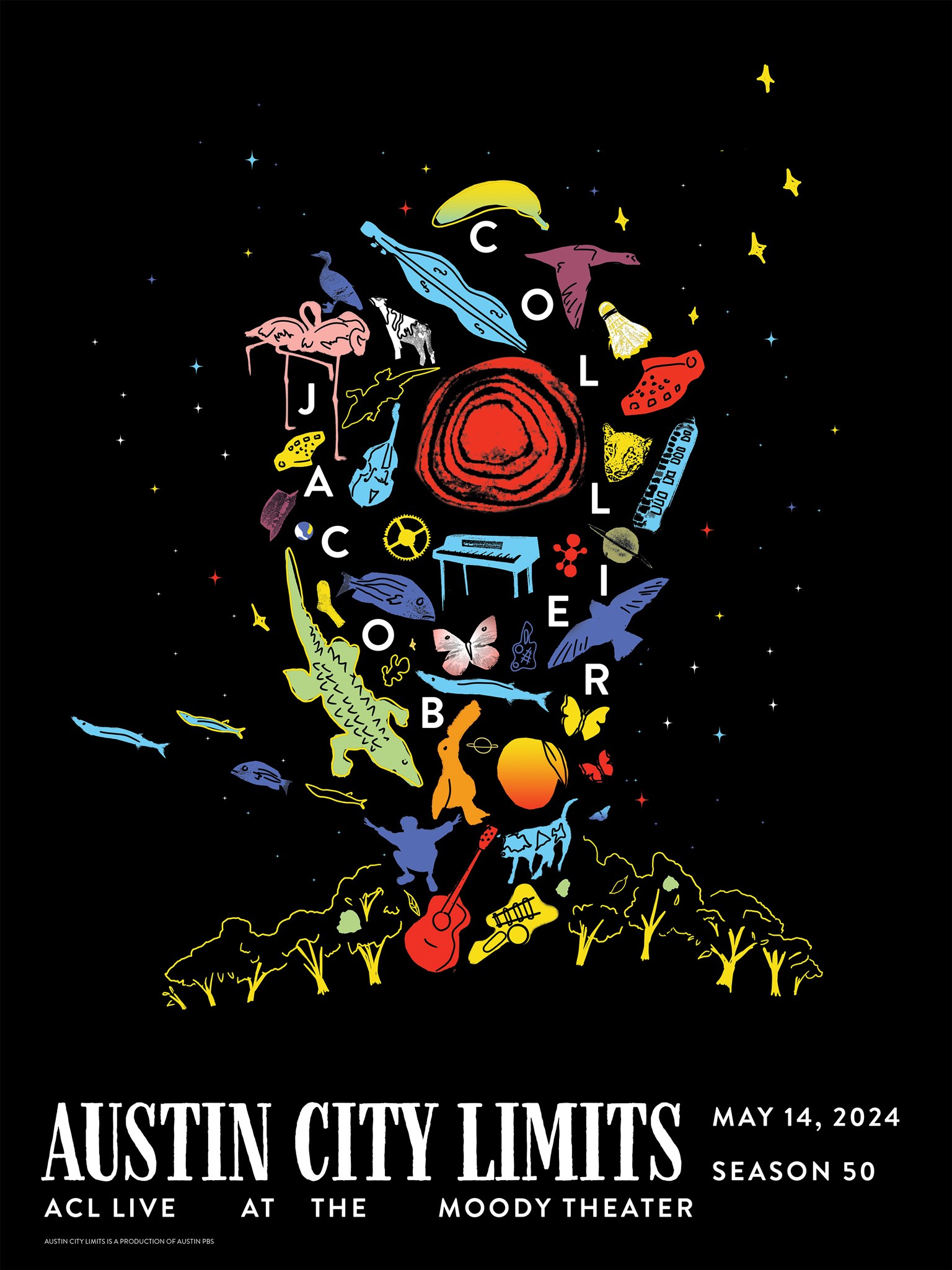 Poster for Jacob Collier Austin City Limits Season 50 performance with multi-colored objects, from flamingos to keyboards, forming a head around a red dot