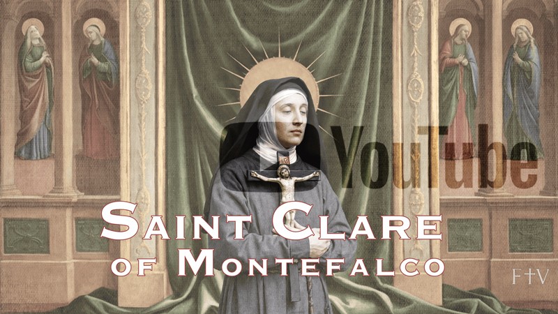 Sacred artwork by Faith and Verse. © Faith and Verse, 2025. All rights reserved. Traditional Catholic art—portrait of Saint Clare of Montefalco, shown before her painted canopy with veiled YouTube play marker blended softly into the composition.