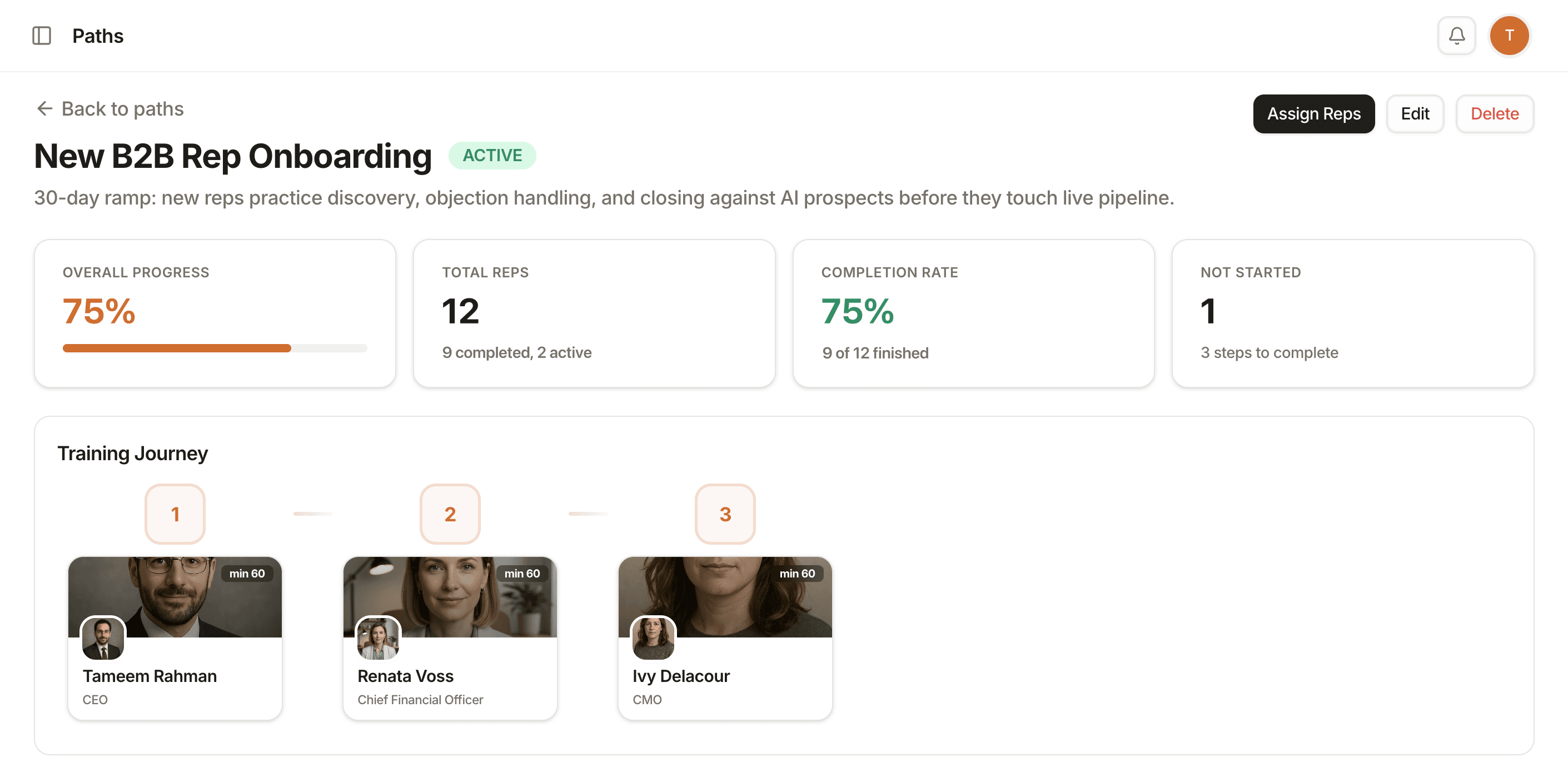 Kendo path detail for New B2B Rep Onboarding: 75% overall progress, 12 total reps, 75% completion rate, and a Training Journey of three roleplay steps against CEO, CFO and CMO AI prospects