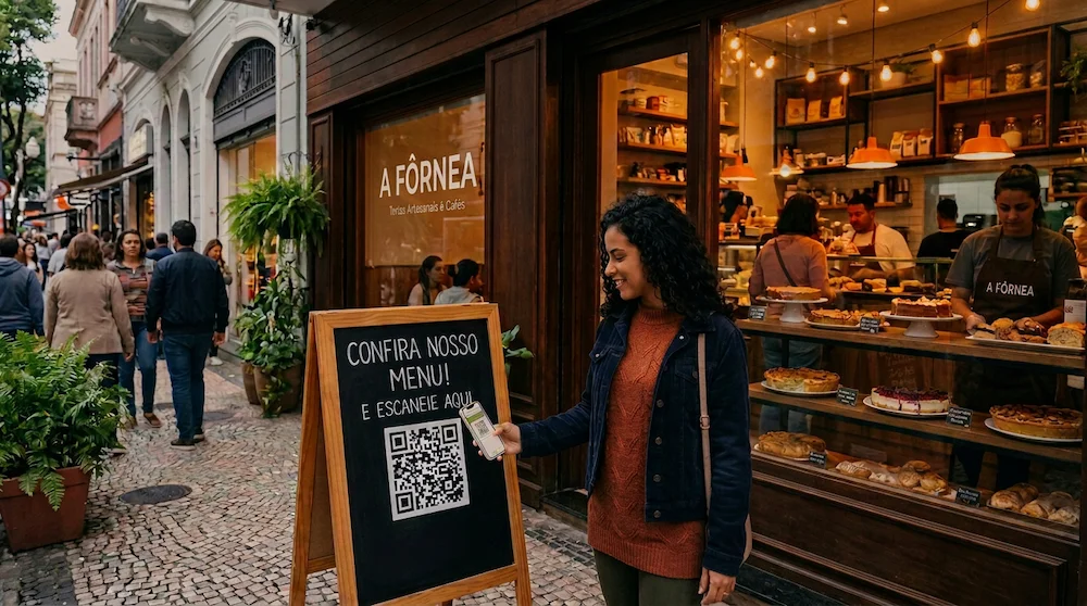 mulher escaneando o QR code atraves do celular em frente a uma loja de tortas numa cidade movimentada