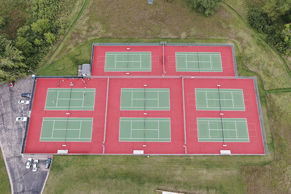 Aerial view of eight resurfaced tennis courts at Sauk Centre, Minnesota