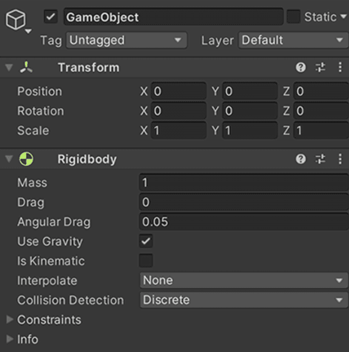 Unity Inspector showing a GameObject’s Transform and Rigidbody settings, including gravity and collision detection.