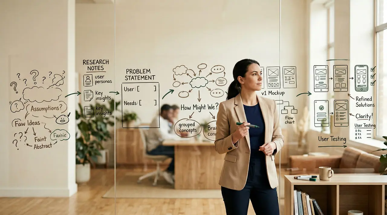 Estratega UX organizando en un panel de vidrio las etapas del proceso de Design Thinking, mostrando la transición de ideas abstractas a prototipos estructurados en un espacio de trabajo iluminado con luz natural.