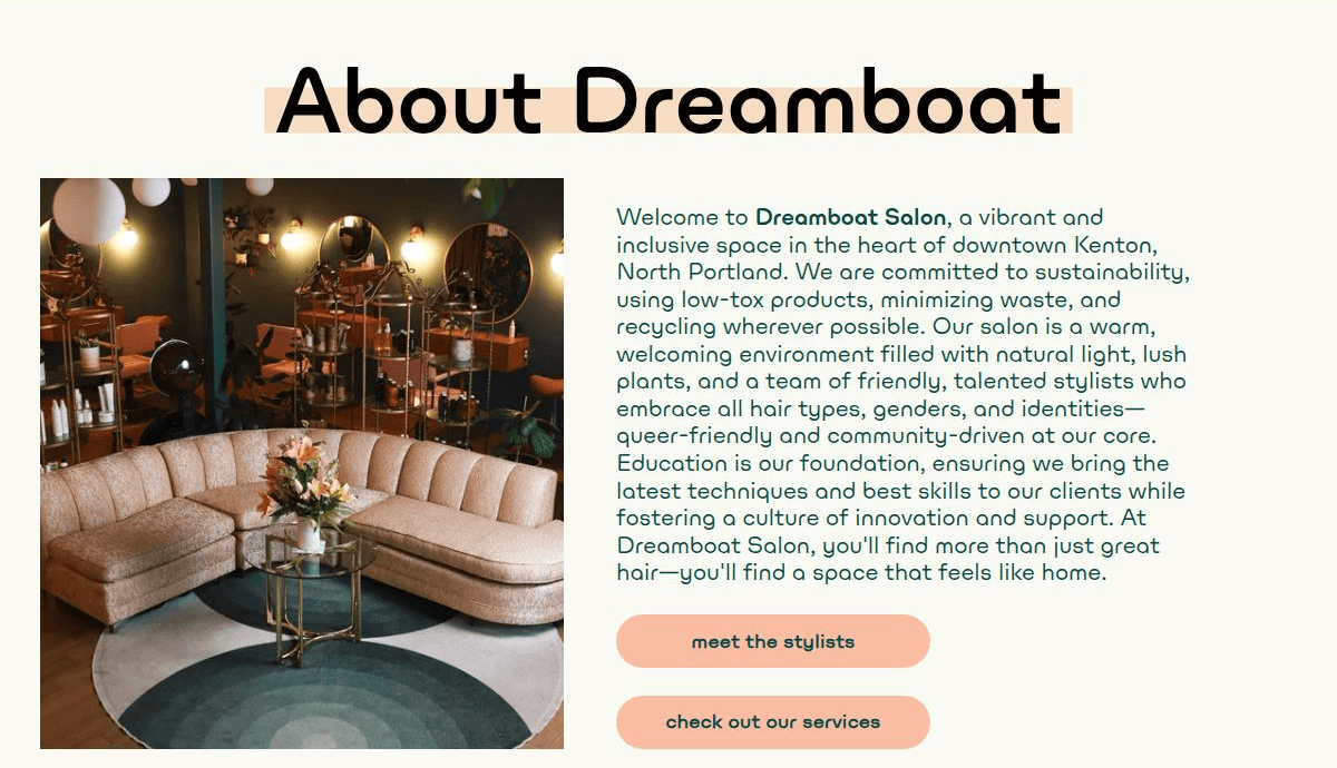 Dreamboat Salon About section with an interior photograph, the salon story, and links to its team and services.