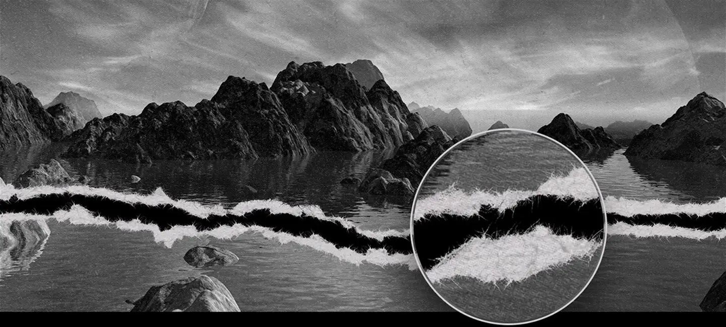 Zoomed in view showing the intricate detail of a torn paper brush applied to landscape photography