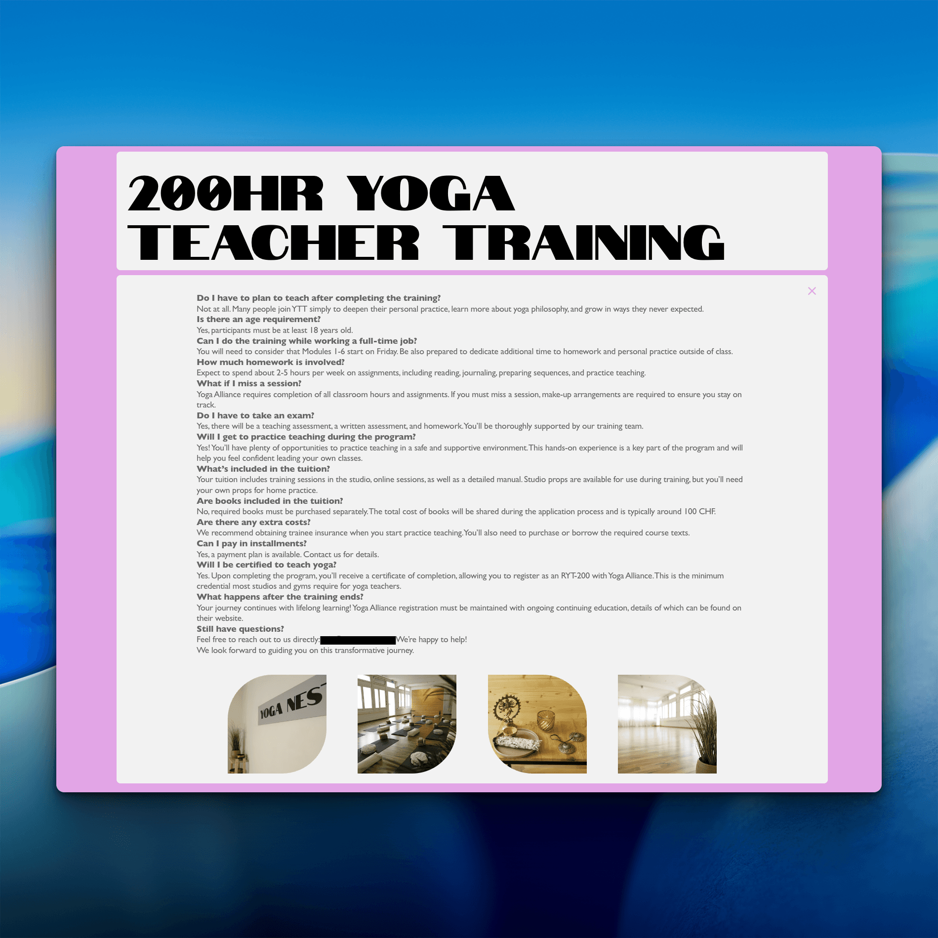 Scrrenshot of Workshop and 200hours yoga training page bottom