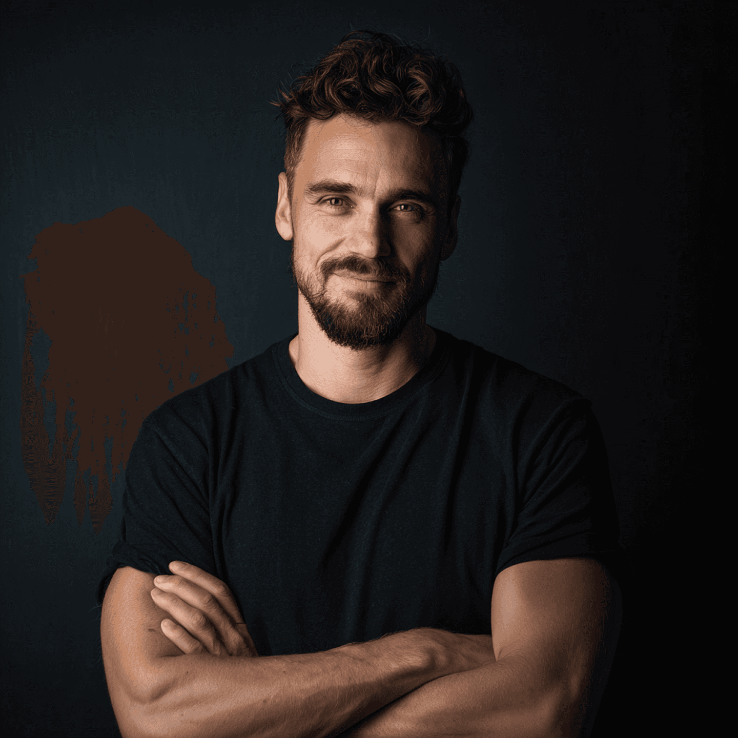 A man with curly hair and a beard smiles softly against a dark background. He wears a black shirt, conveying a relaxed and approachable tone.
