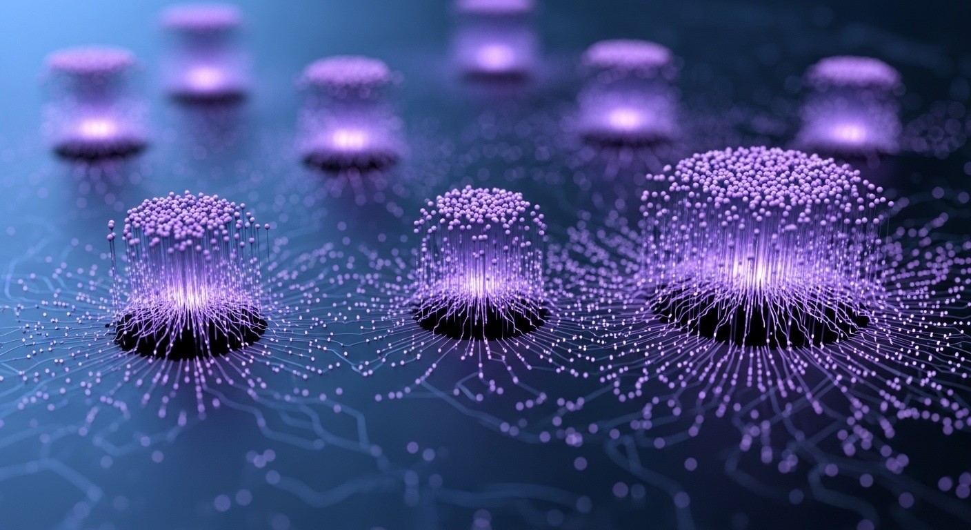Futuristic AI data clusters on a digital circuit surface representing machine learning, search intelligence, and content optimization