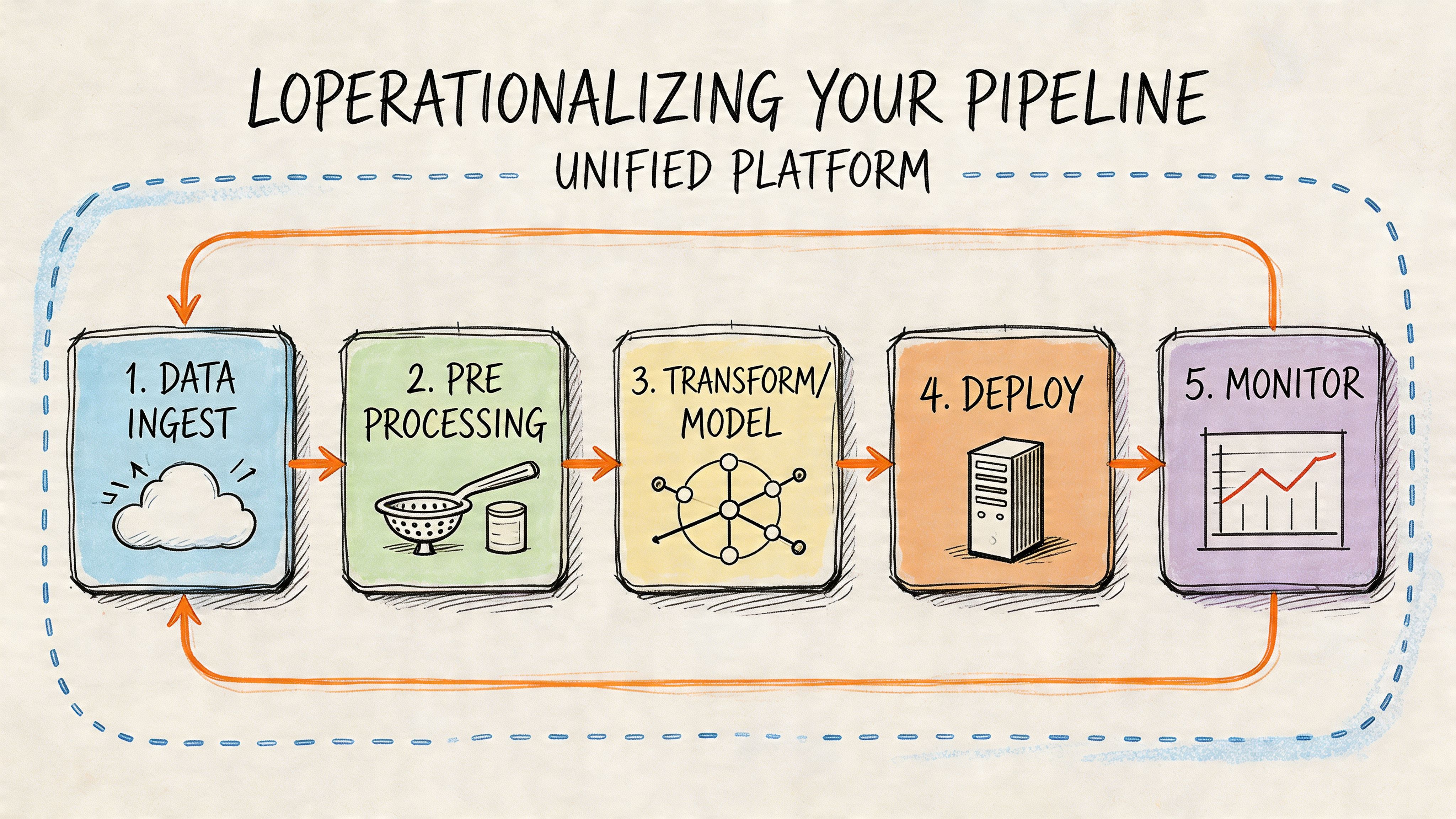 A hand-drawn illustration showing a five-step data pipeline for operationalizing a machine learning platform.