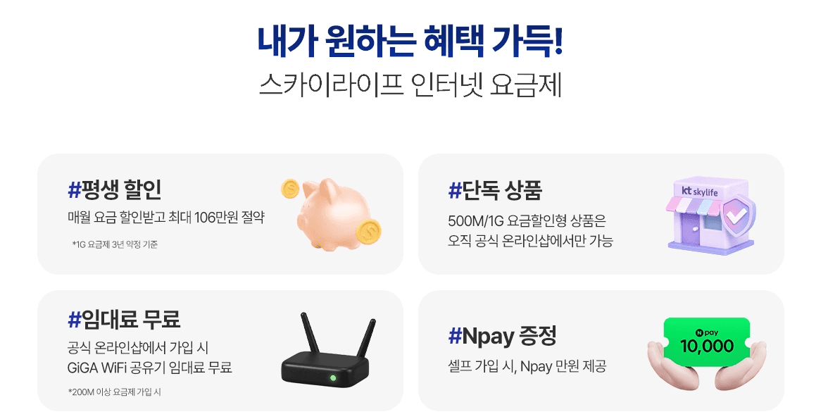 스카이라이프 인터넷 요금제 평생 혜택 표입니다. 평생 요금 할인(최대 106만 원 절약), 공식 온라인샵 전용 상품, 기가 와이파이 공유기 임대료 무료, 셀프 가입 시 네이버페이 증정 혜택이 안내되어 있습니다.