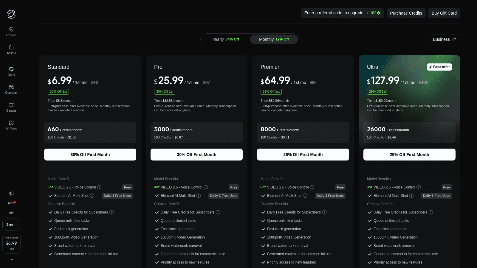 Kling AI subscription plans dashboard displaying standard, pro, premier, and ultra pricing tiers with model benefits.
