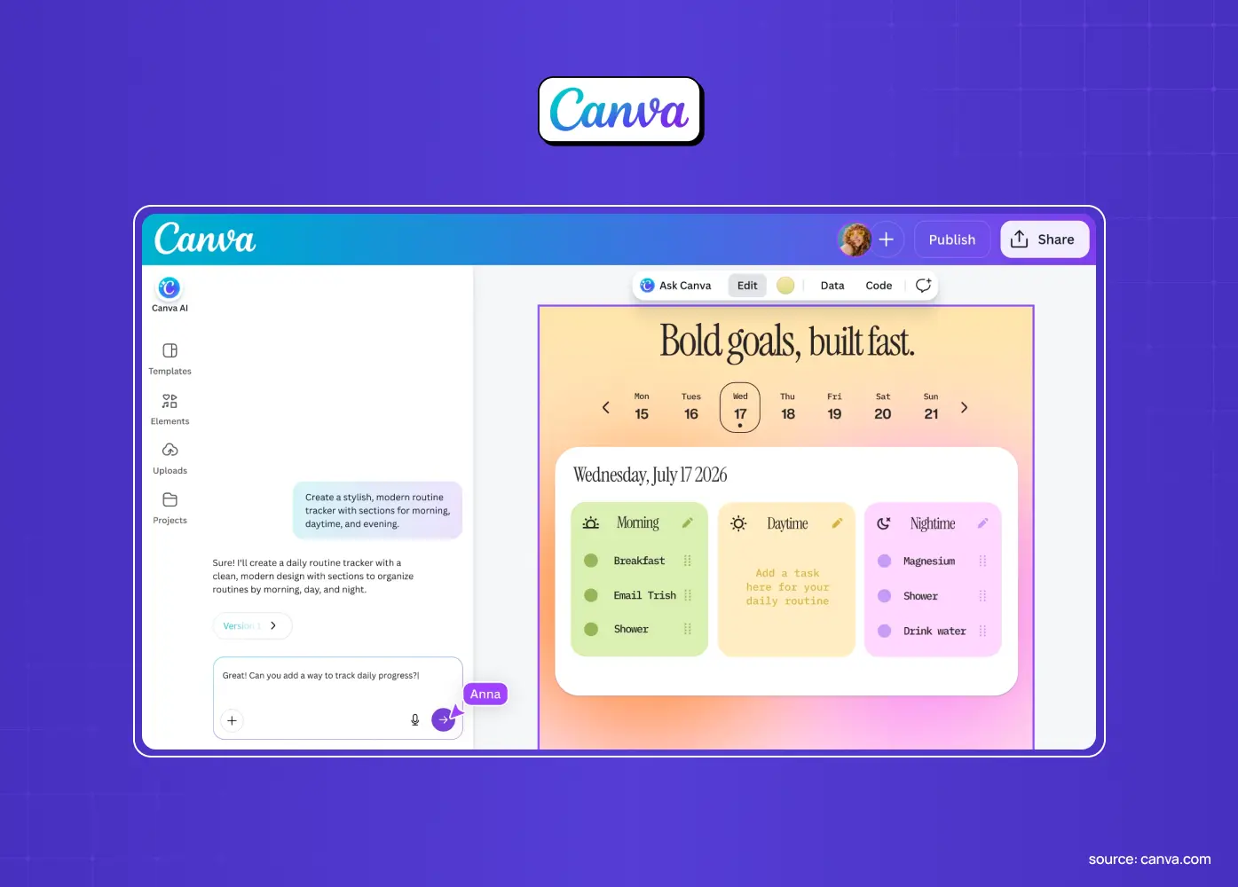 Canva interface demonstrating AI-assisted creation of a daily planner through conversational prompts and editable layouts.