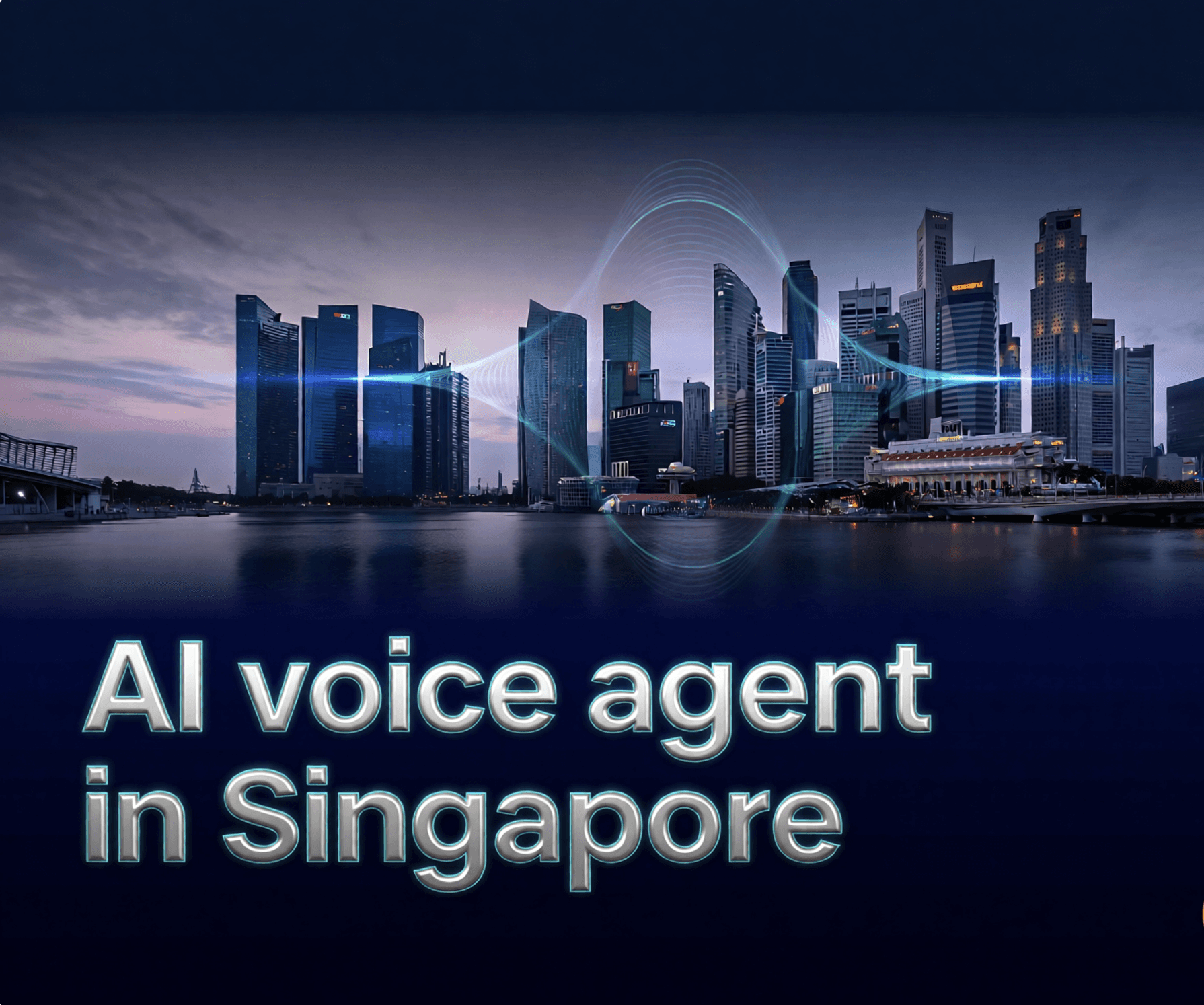 AI voice agent in Singapore with a modern Singapore skyline at dusk, featuring futuristic sound wave visuals representing AI-powered voice call automation for businesses.
