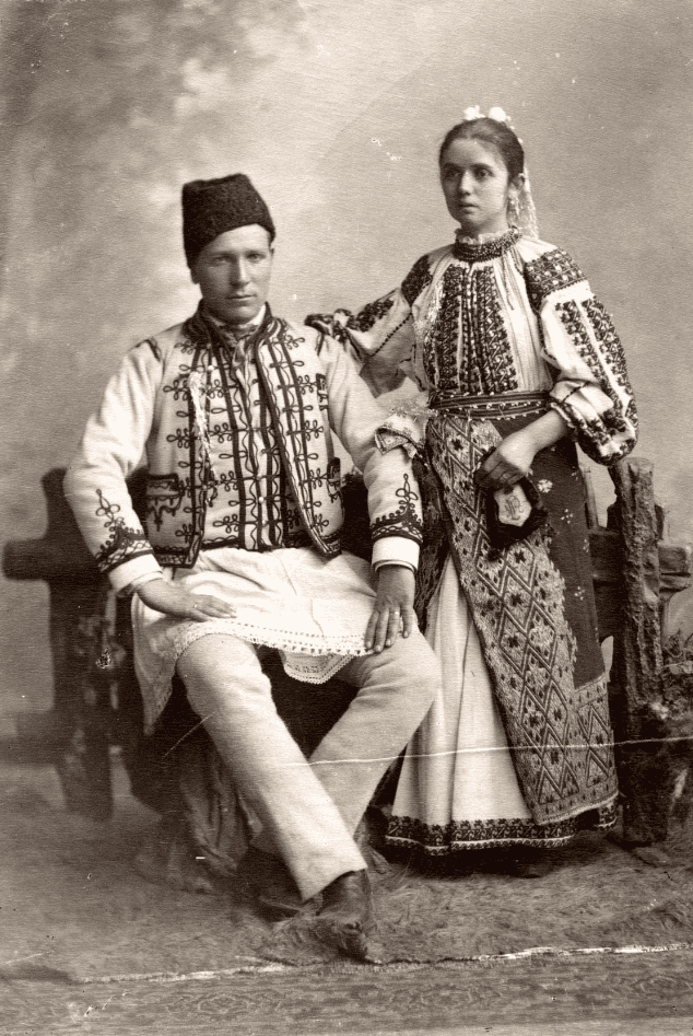 Romanian newlyweds from Vâcea or Oltenia. Photo from Les 32 Mariages Roumains, 1893. Collection of Maryhill Museum.