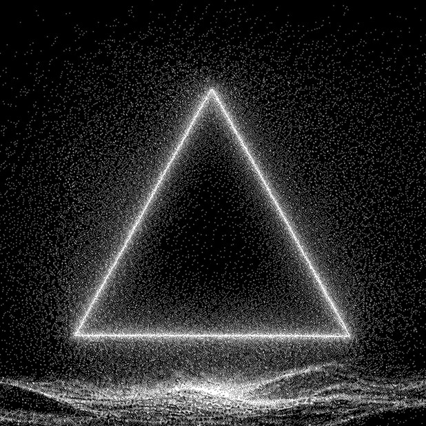 a 3d shape floating over uncertain landscape, the one ahead clearing the path, the one behind trusting the hold, white stippling on pure black, fine particle simulation, luminous pointillist rendering, monochrome scientific visualization, no color