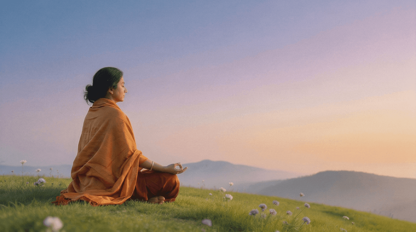 Maa Shree Geetam, Indian female spiritual guru,  sitting in deep meditation at the sacred ghats  of Varanasi, guiding sincere seekers on the  path of Mantra Diksha and sacred initiation