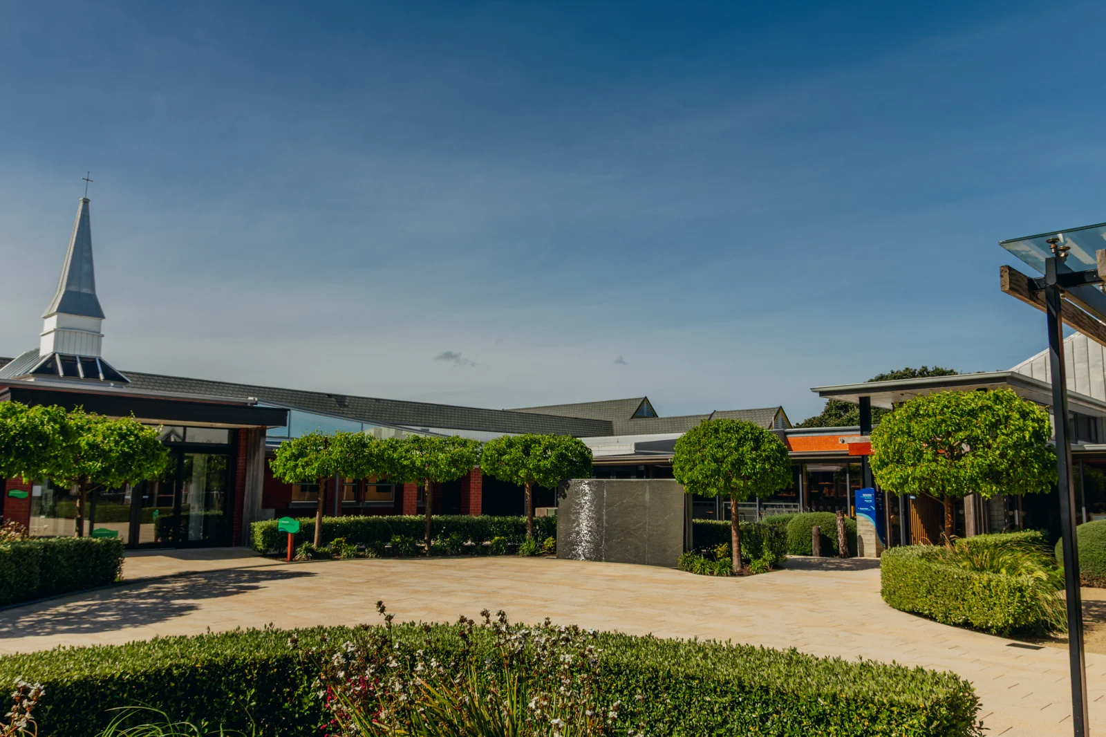Retreat centre courtyard with chapel spire