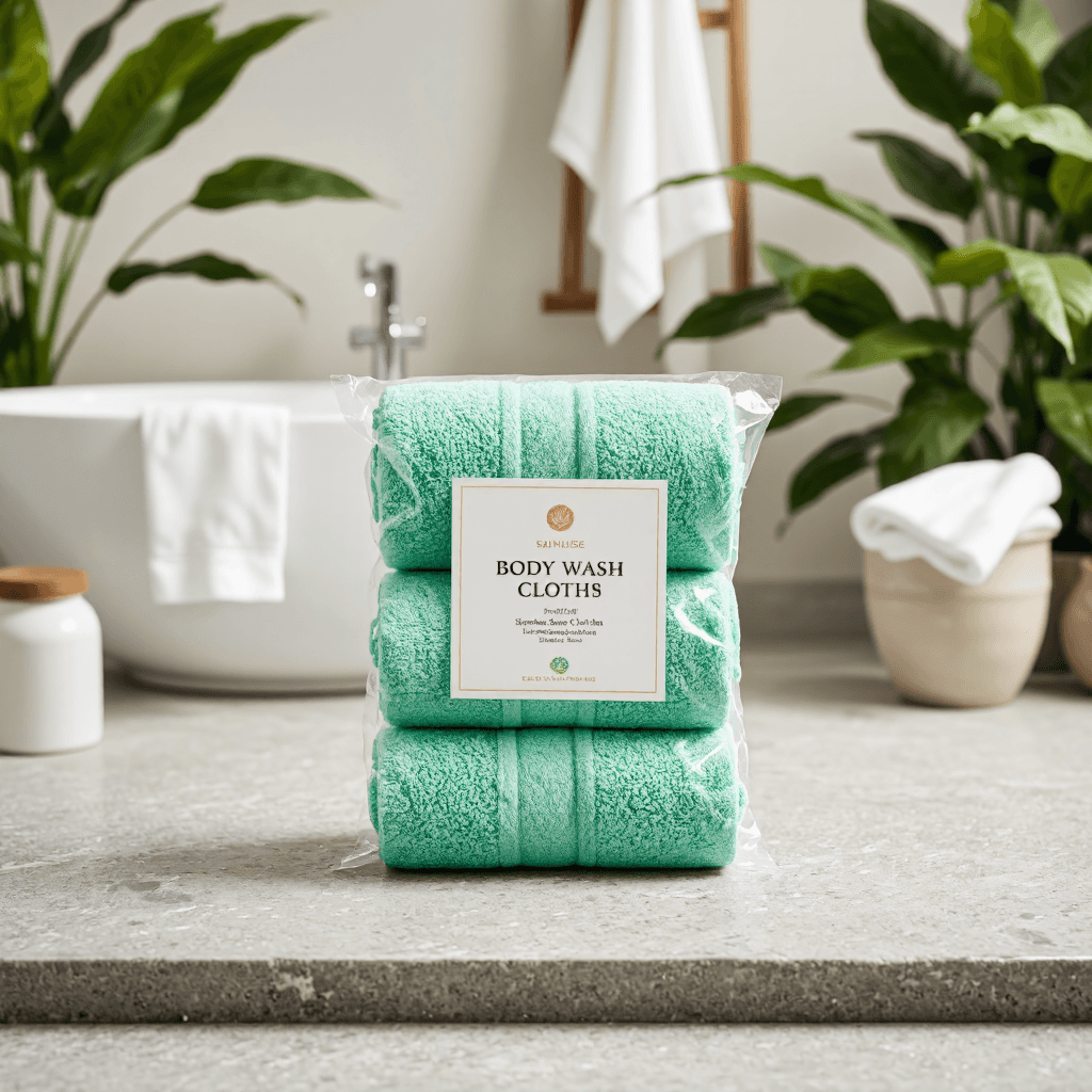 product photography of a pack of body wash cloths
