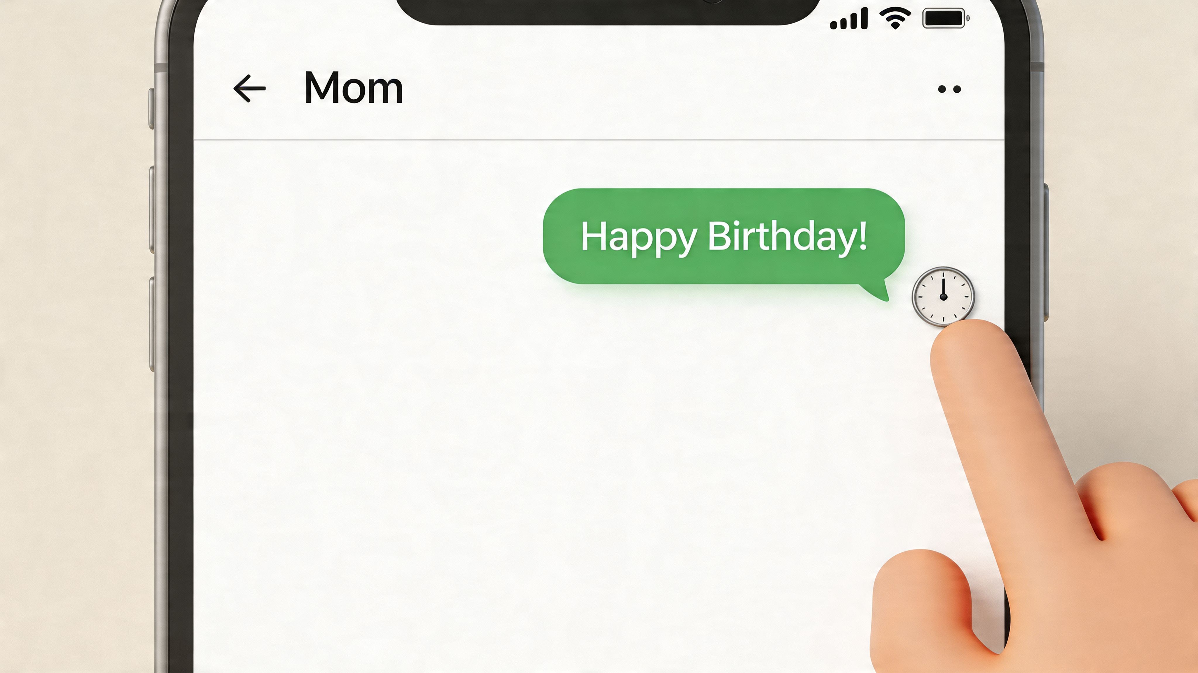 A 3D finger pressing a clock icon next to a WhatsApp message that says Happy Birthday.