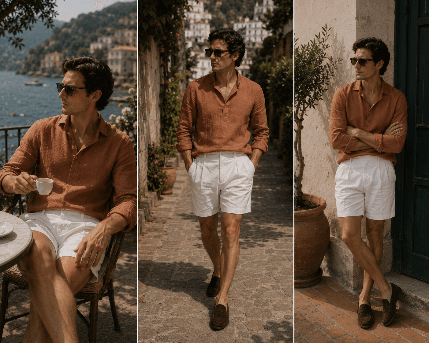 A three-panel full-body fashion lookbook featuring a stylish man in a smart-casual resort outfit. He wears a short-sleeved dark grey fine-knit t-shirt, tailored high-waisted white trousers, dark brown suede loafers, and dark sunglasses. The left panel shows him seated relaxed in an outdoor bistro chair with a cup of espresso. The middle panel shows a standing front view leaning against a stone balustrade with a coastal village background. The right panel shows a rear view as he walks along a scenic stone terrace overlooking the water.