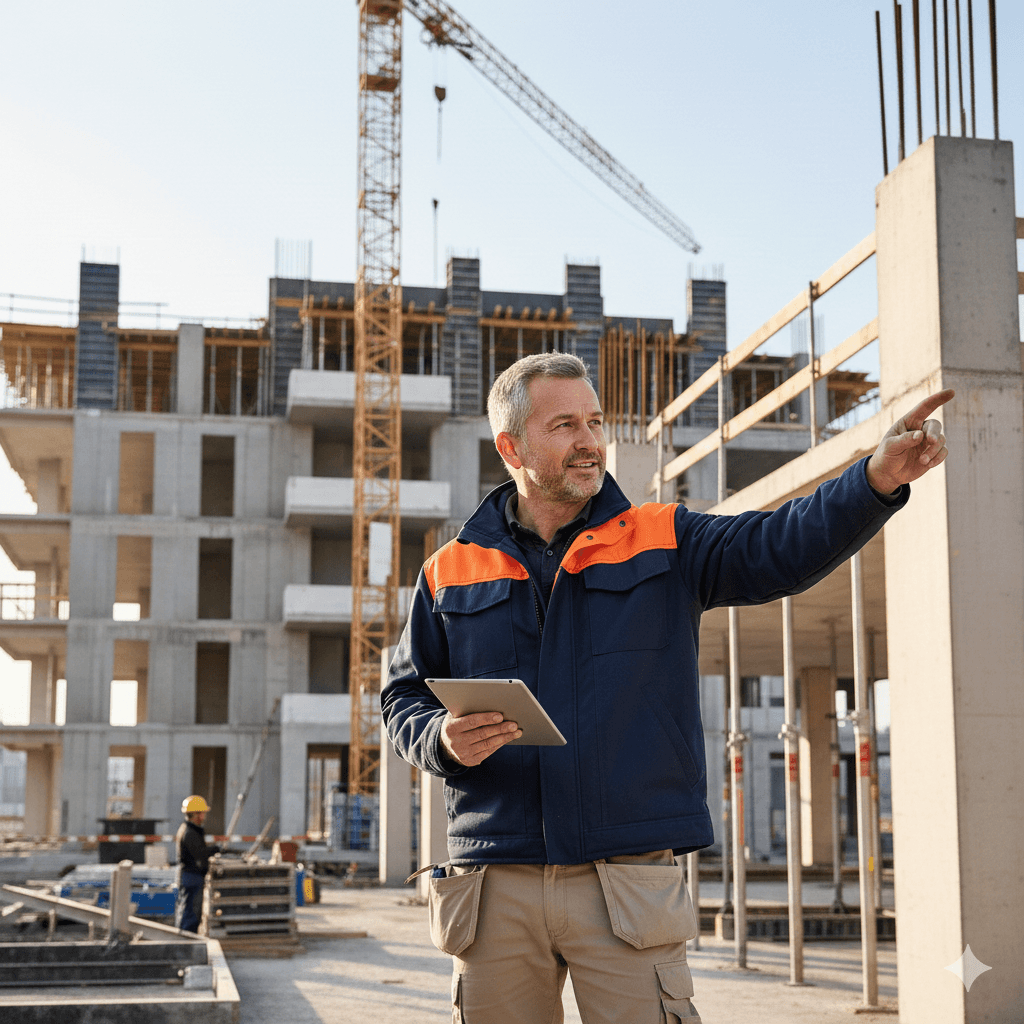 Workers in hard hats and safety vests at construction site.